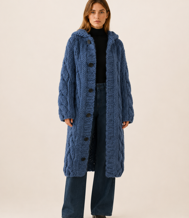 Women's Longline Cardigan Coat in Cable Knit with a Hood