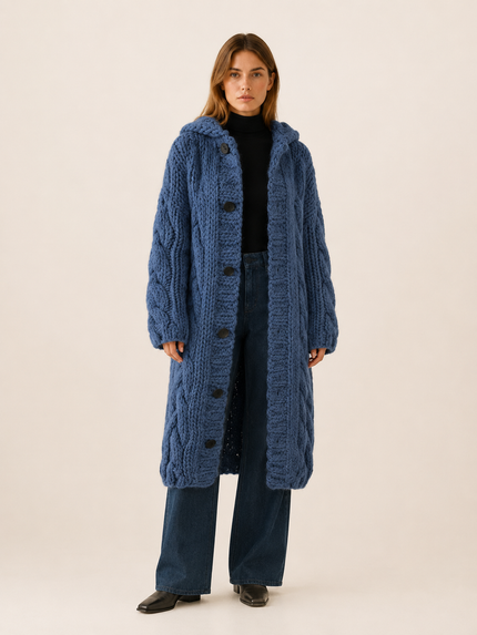 Women's Longline Cardigan Coat in Cable Knit with a Hood