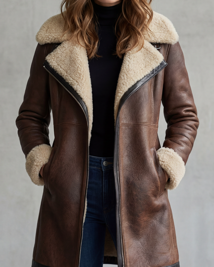 Women's Longline Coat in Faux Leather with Shearling Lining