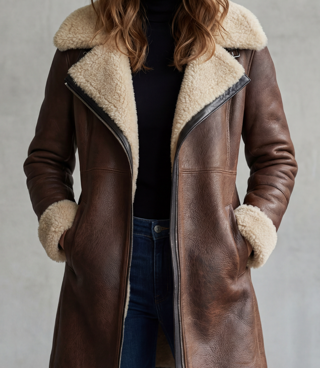 Women's Longline Coat in Faux Leather with Shearling Lining