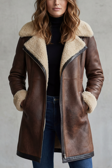 Women's Longline Coat in Faux Leather with Shearling Lining