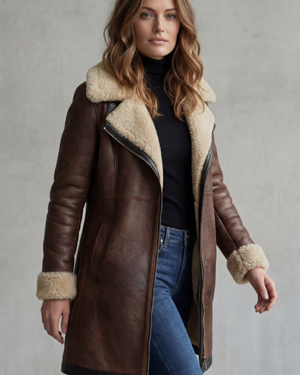 Women's Longline Coat in Faux Leather with Shearling Lining
