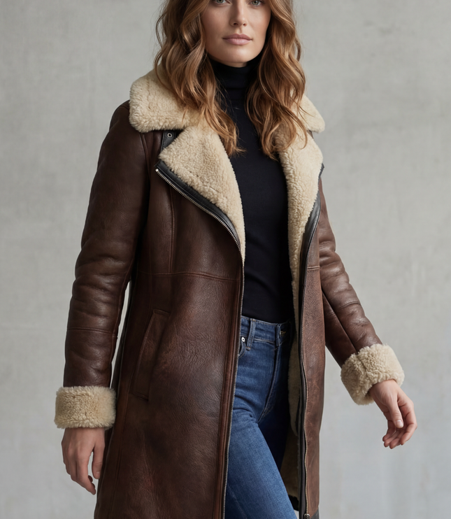 Women's Longline Coat in Faux Leather with Shearling Lining