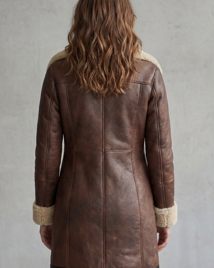 Women's Longline Coat in Faux Leather with Shearling Lining