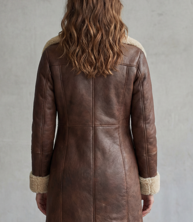 Women's Longline Coat in Faux Leather with Shearling Lining