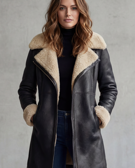 Women's Longline Coat in Faux Leather with Shearling Lining