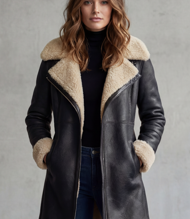 Women's Longline Coat in Faux Leather with Shearling Lining