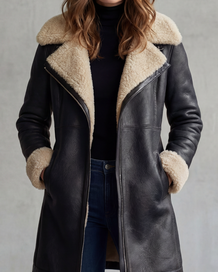 Women's Longline Coat in Faux Leather with Shearling Lining