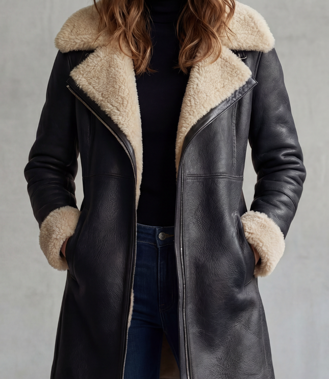 Women's Longline Coat in Faux Leather with Shearling Lining