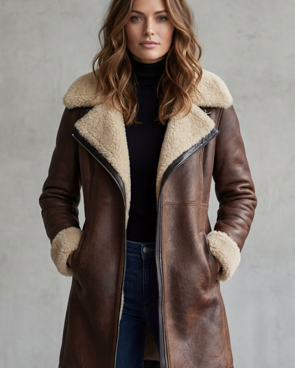 Women's Longline Coat in Faux Leather with Shearling Lining