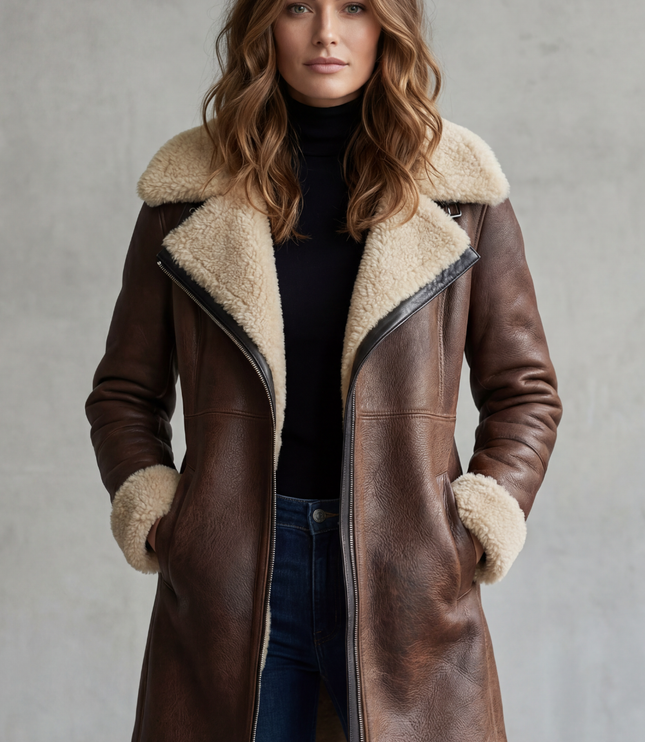 Women's Longline Coat in Faux Leather with Shearling Lining