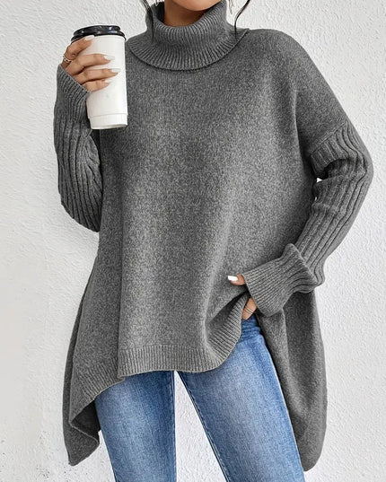 Women's Longline Knit Sweater with a Ribbed Turtleneck