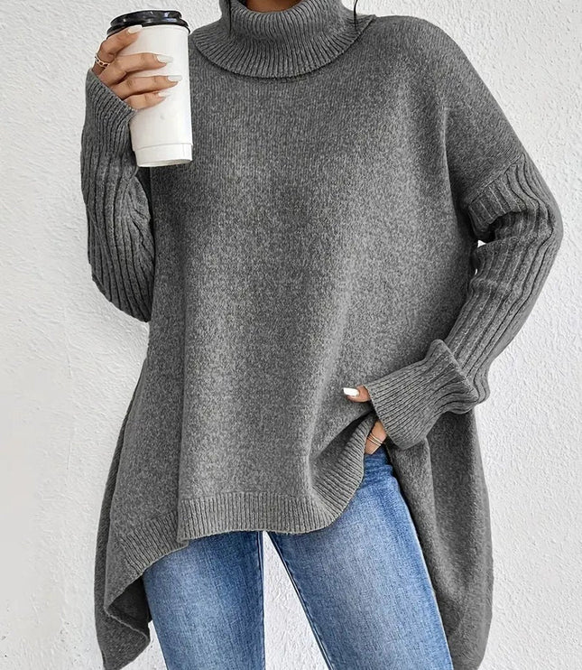 Women's Longline Knit Sweater with a Ribbed Turtleneck