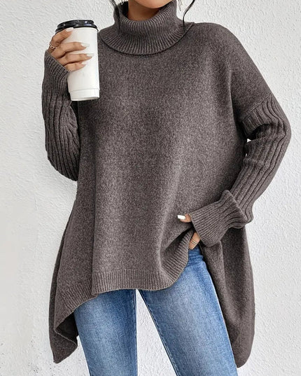 Women's Longline Knit Sweater with a Ribbed Turtleneck