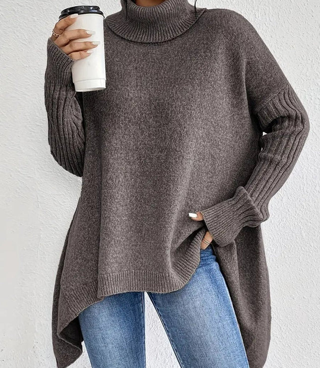 Women's Longline Knit Sweater with a Ribbed Turtleneck