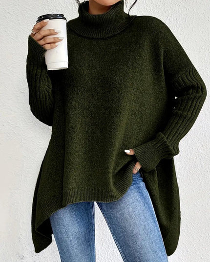 Women's Longline Knit Sweater with a Ribbed Turtleneck