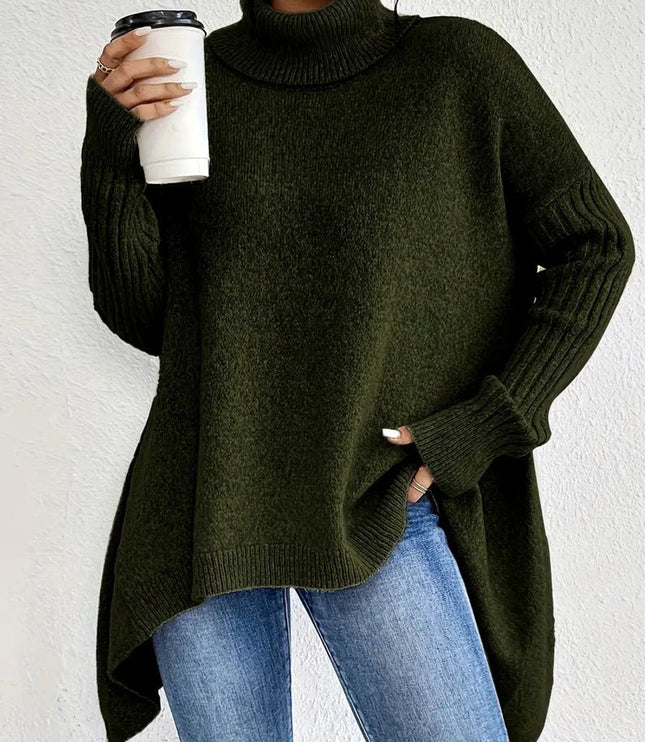 Women's Longline Knit Sweater with a Ribbed Turtleneck