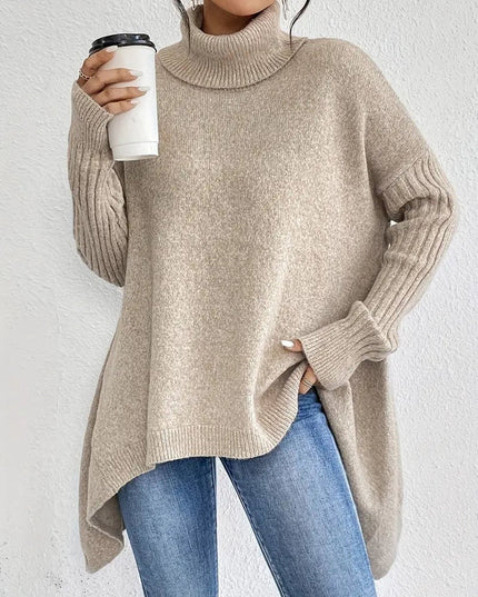 Women's Longline Knit Sweater with a Ribbed Turtleneck