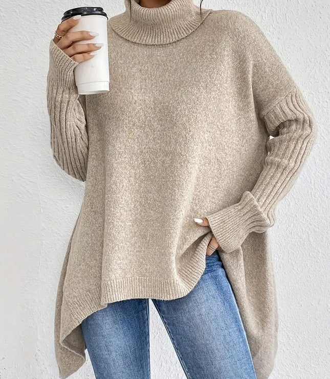 Women's Longline Knit Sweater with a Ribbed Turtleneck