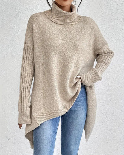 Women's Longline Knit Sweater with a Ribbed Turtleneck