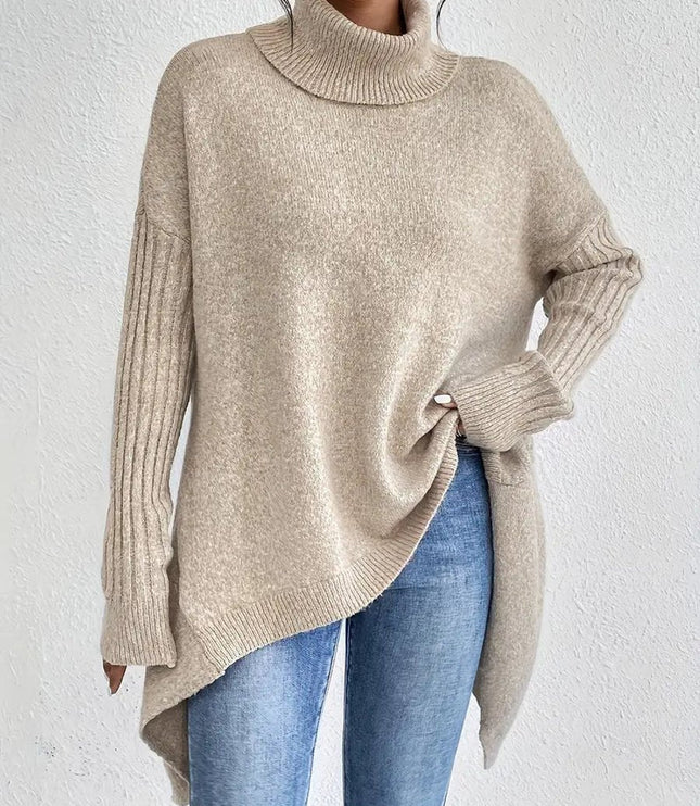 Women's Longline Knit Sweater with a Ribbed Turtleneck
