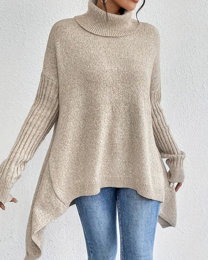 Women's Longline Knit Sweater with a Ribbed Turtleneck
