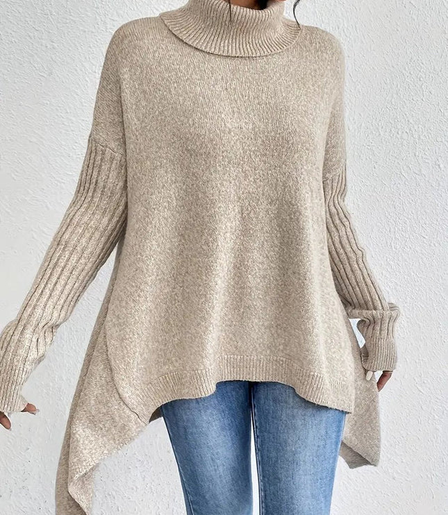 Women's Longline Knit Sweater with a Ribbed Turtleneck