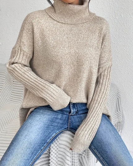 Women's Longline Knit Sweater with a Ribbed Turtleneck
