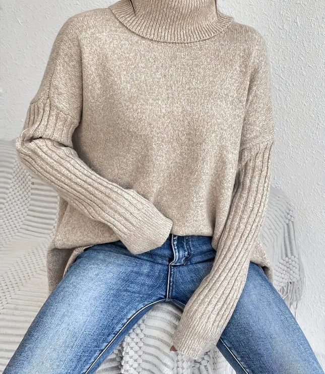 Women's Longline Knit Sweater with a Ribbed Turtleneck
