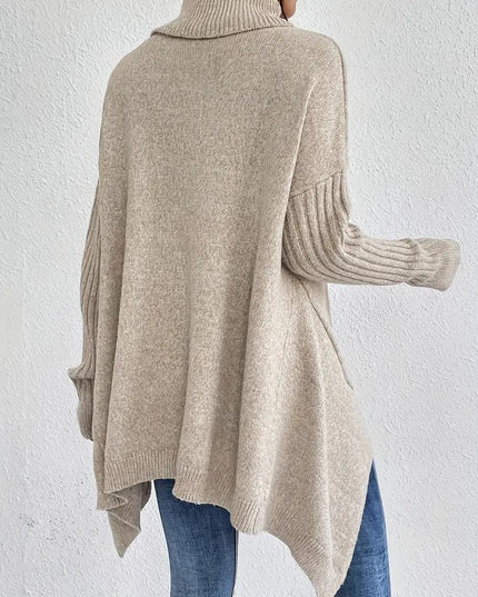 Women's Longline Knit Sweater with a Ribbed Turtleneck