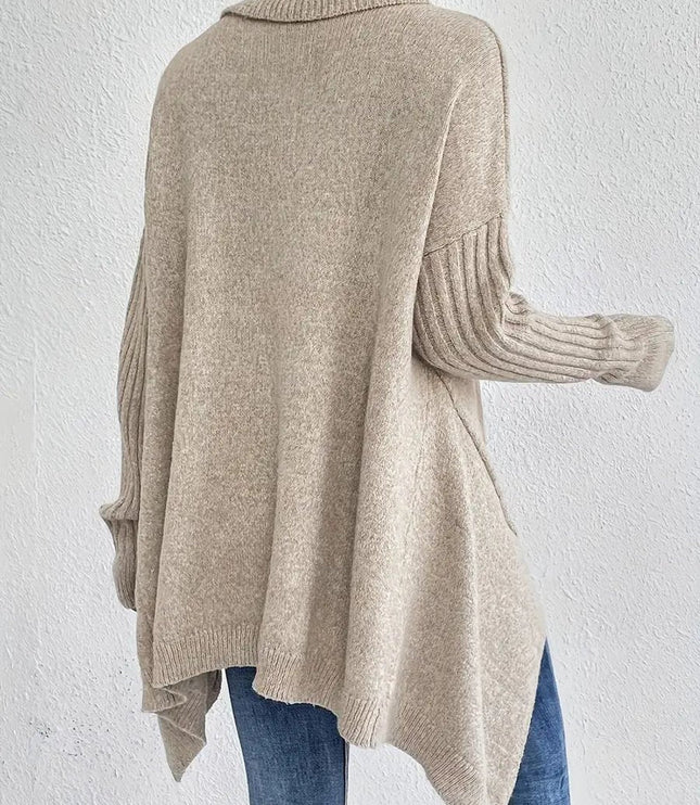 Women's Longline Knit Sweater with a Ribbed Turtleneck