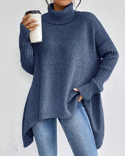 Women's Longline Knit Sweater with a Ribbed Turtleneck