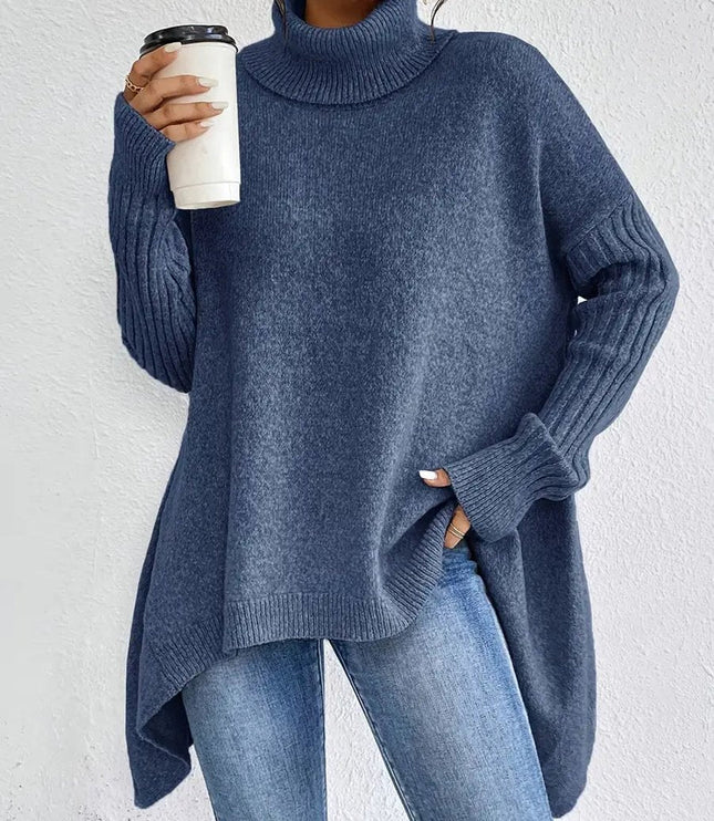 Women's Longline Knit Sweater with a Ribbed Turtleneck