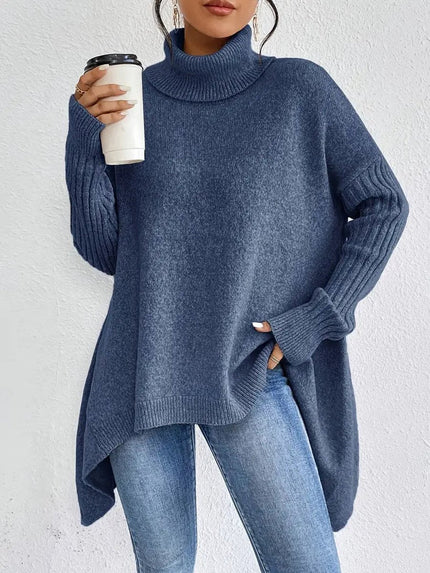 Women's Longline Knit Sweater with a Ribbed Turtleneck
