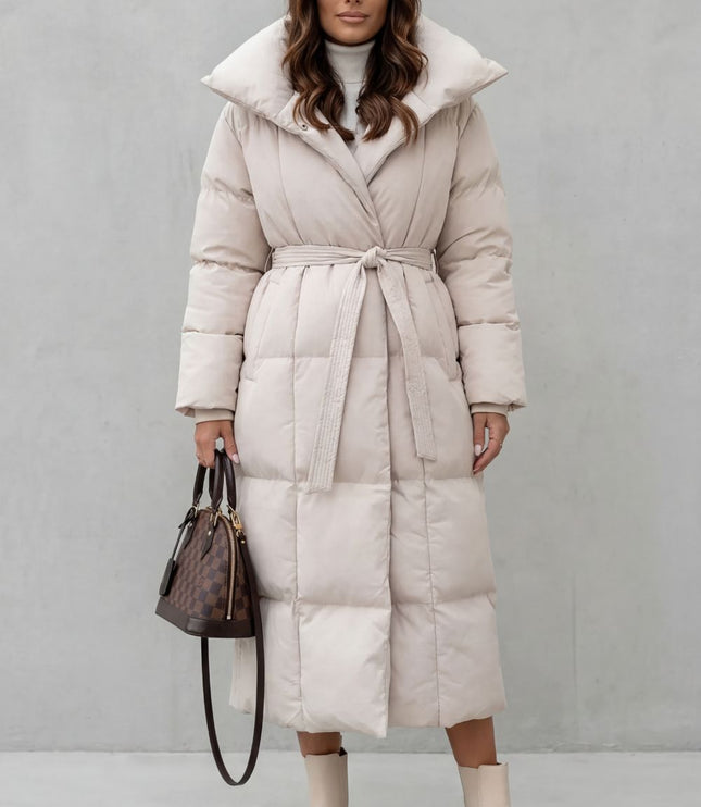 Women's Longline Puffer Coat with a Quilted Shawl Collar