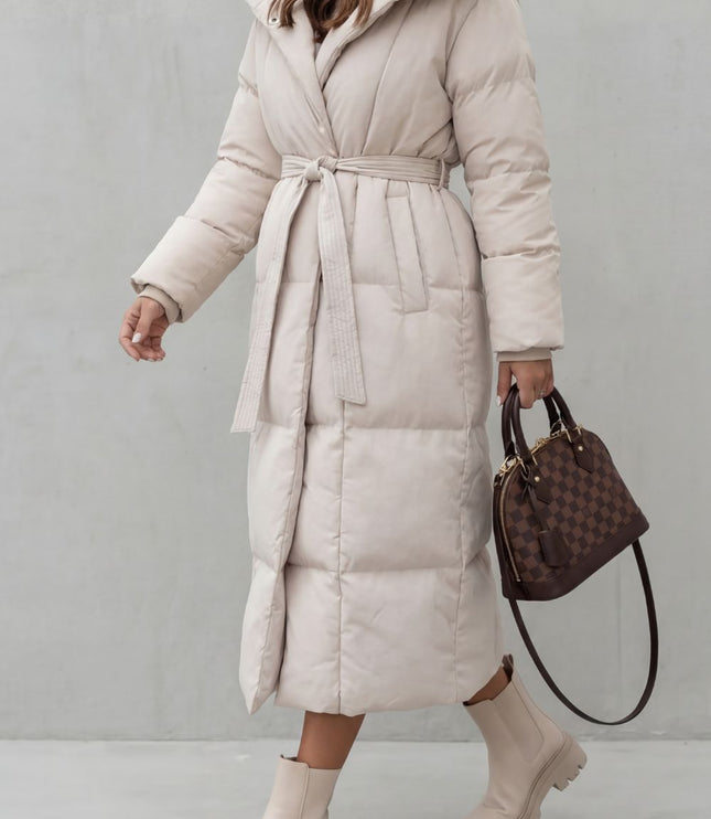 Women's Longline Puffer Coat with a Quilted Shawl Collar