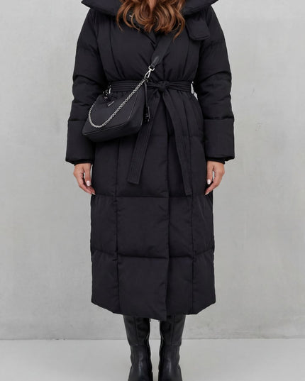 Women's Longline Puffer Coat with a Quilted Shawl Collar