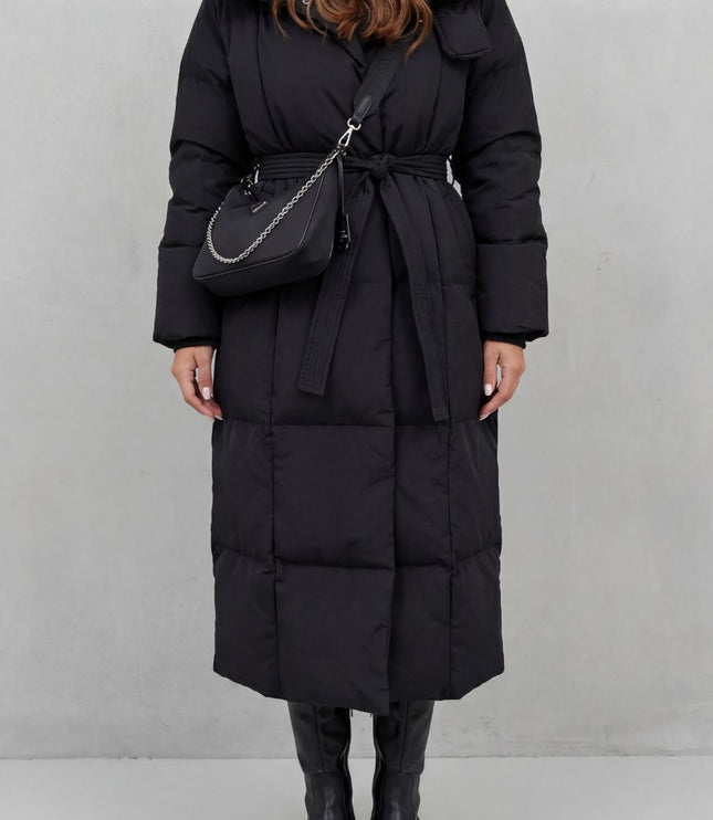 Women's Longline Puffer Coat with a Quilted Shawl Collar