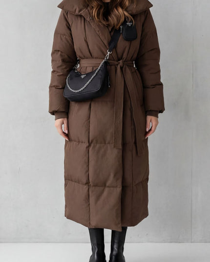 Women's Longline Puffer Coat with a Quilted Shawl Collar
