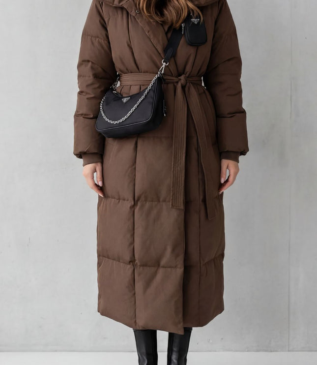 Women's Longline Puffer Coat with a Quilted Shawl Collar