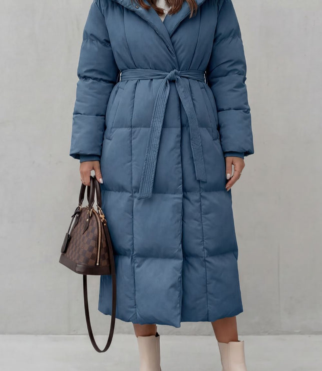 Women's Longline Puffer Coat with a Quilted Shawl Collar