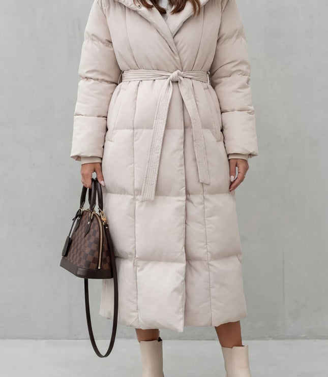 Women's Longline Puffer Coat with a Quilted Shawl Collar