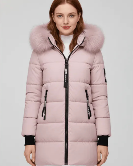 Women's Longline Puffer Coat with Faux Fur Hood Trim