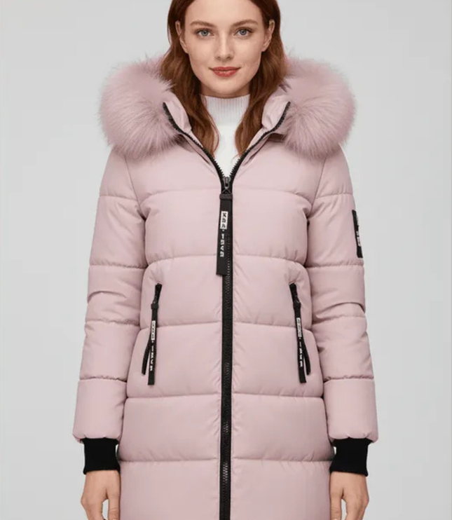 Women's Longline Puffer Coat with Faux Fur Hood Trim