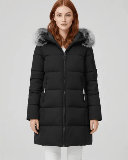 Women's Longline Puffer Coat with Faux Fur Hood Trim