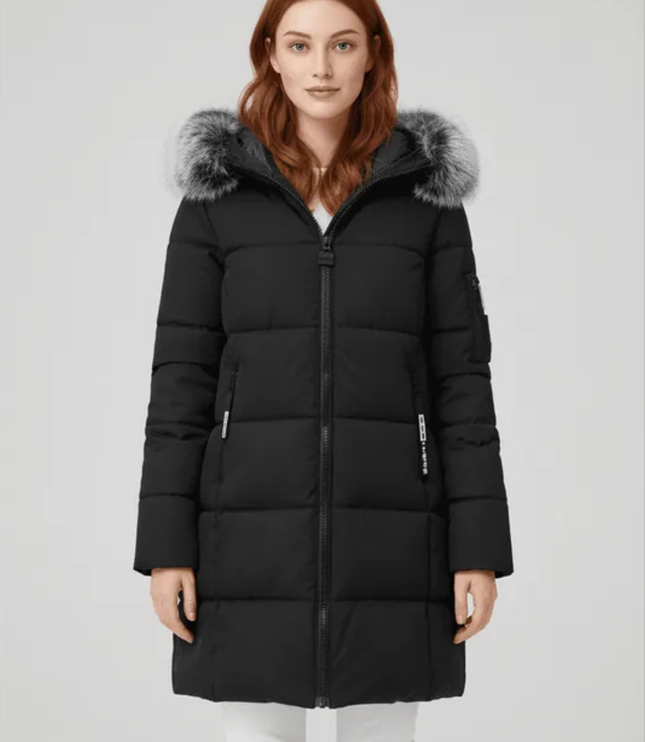Women's Longline Puffer Coat with Faux Fur Hood Trim