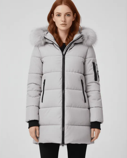 Women's Longline Puffer Coat with Faux Fur Hood Trim