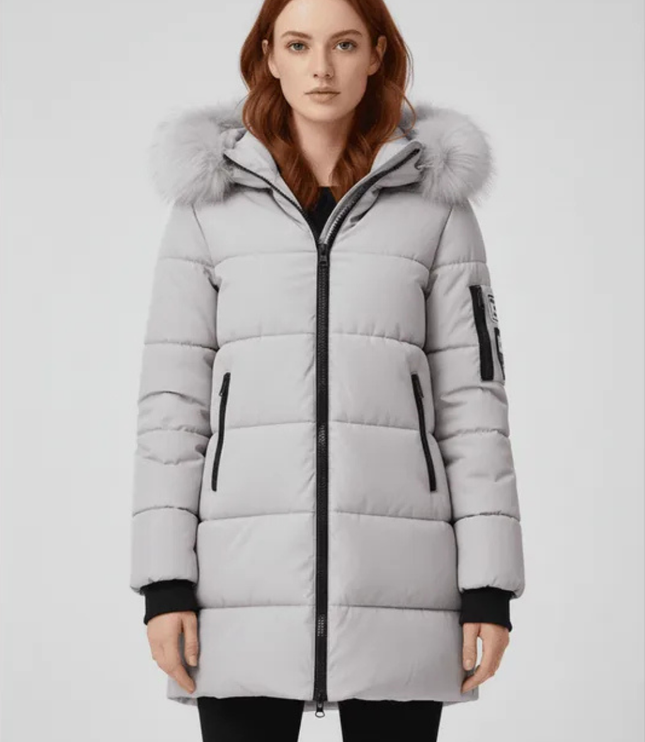 Women's Longline Puffer Coat with Faux Fur Hood Trim