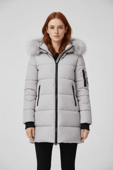 Women's Longline Puffer Coat with Faux Fur Hood Trim