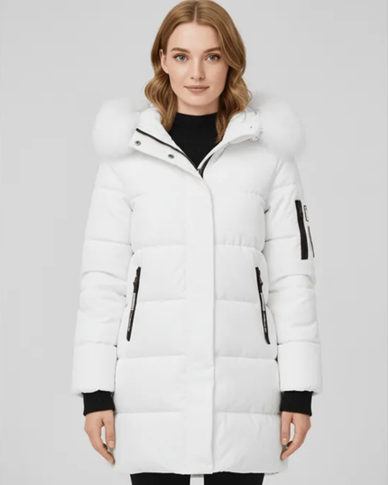 Women's Longline Puffer Coat with Faux Fur Hood Trim